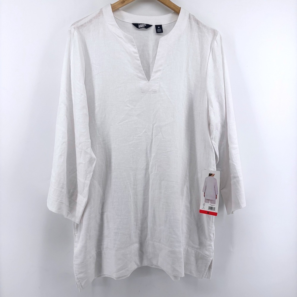 NEW Lands End Womens‎ White Split Neck 3/4 Sleeve Linen Blend Tunic Top Medium